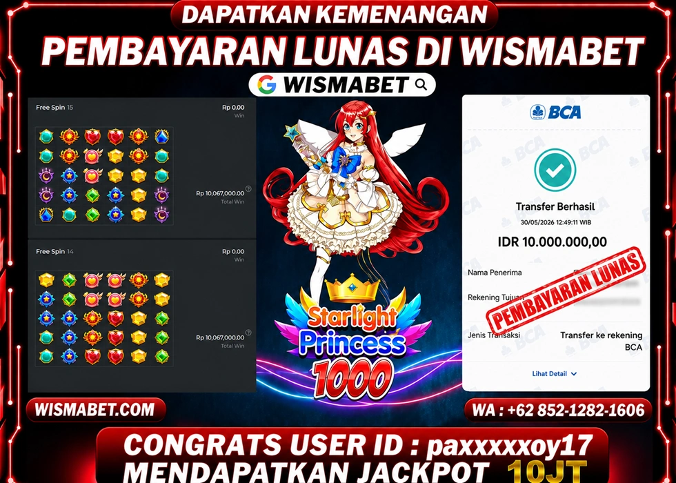 WISMABET - BUKTI KEMENANGAN Starlight Princess x1000 Rp10,000,000,- LUNAS